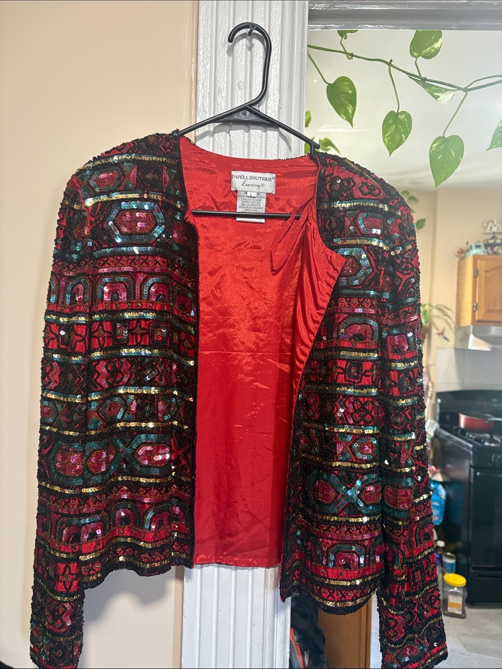 Papell Boutique Red & Black Sequin Embellished Open Jacket